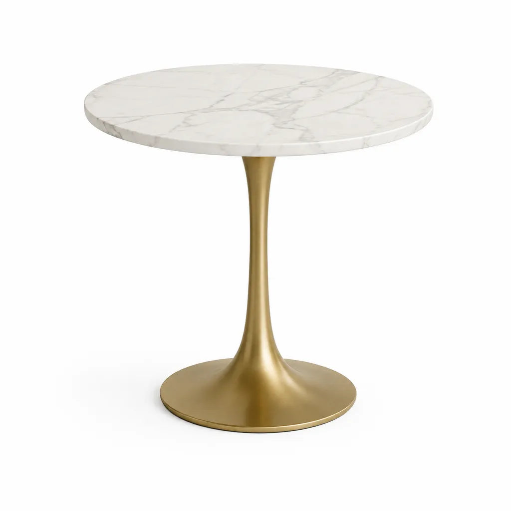 Runder Esstisch 80 cm MDF-Tischplatte mit Marmoroptik Stahlfuss Gold 75 cm
