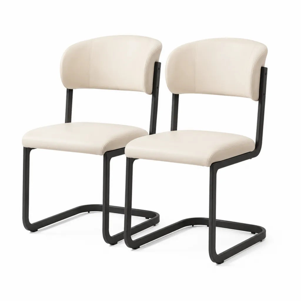 2er Set Freischwinger Esszimmerstuehle 50 x 58 x 82 cm PU-Kunstleder Creme mit schwarzem Stahlgestell