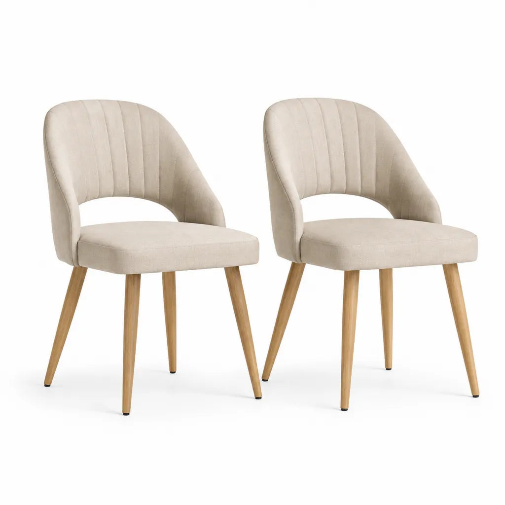 2er Set Esszimmerstuehle mit Armlehnen Polyesterbezug Beige Gummibaumholz 55 x 59 x 78 cm