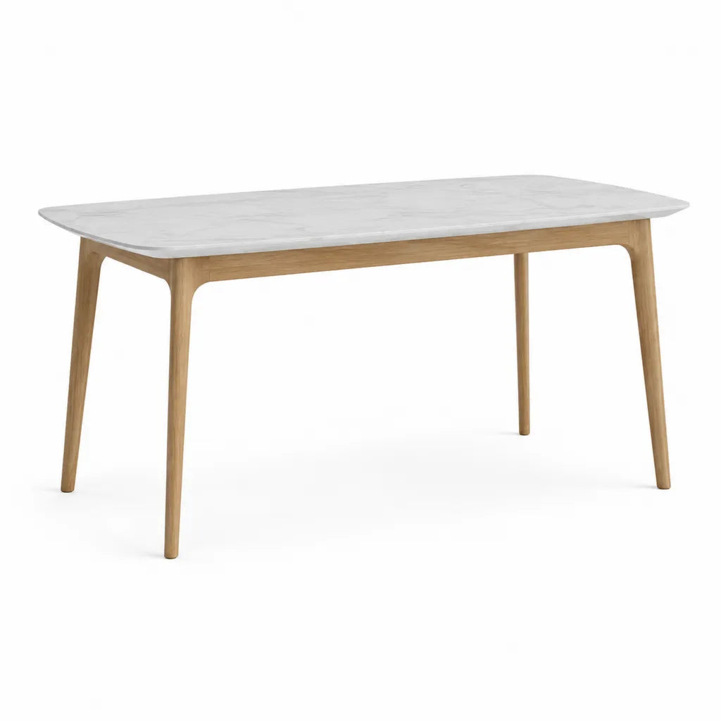 Esstisch 140 x 80 x 75 cm rechteckig mit abgerundeten Ecken MDF Tischplatte in Weiss und Gestell aus Gummibaum-Massivholz Natur
