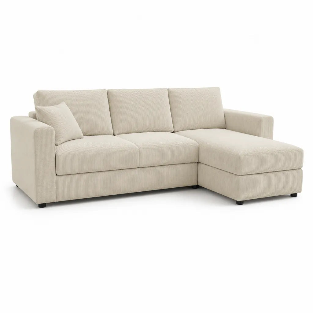 Ecksofa mit Recamiere rechts 230 x 150 cm Breitcord Polyester Creme