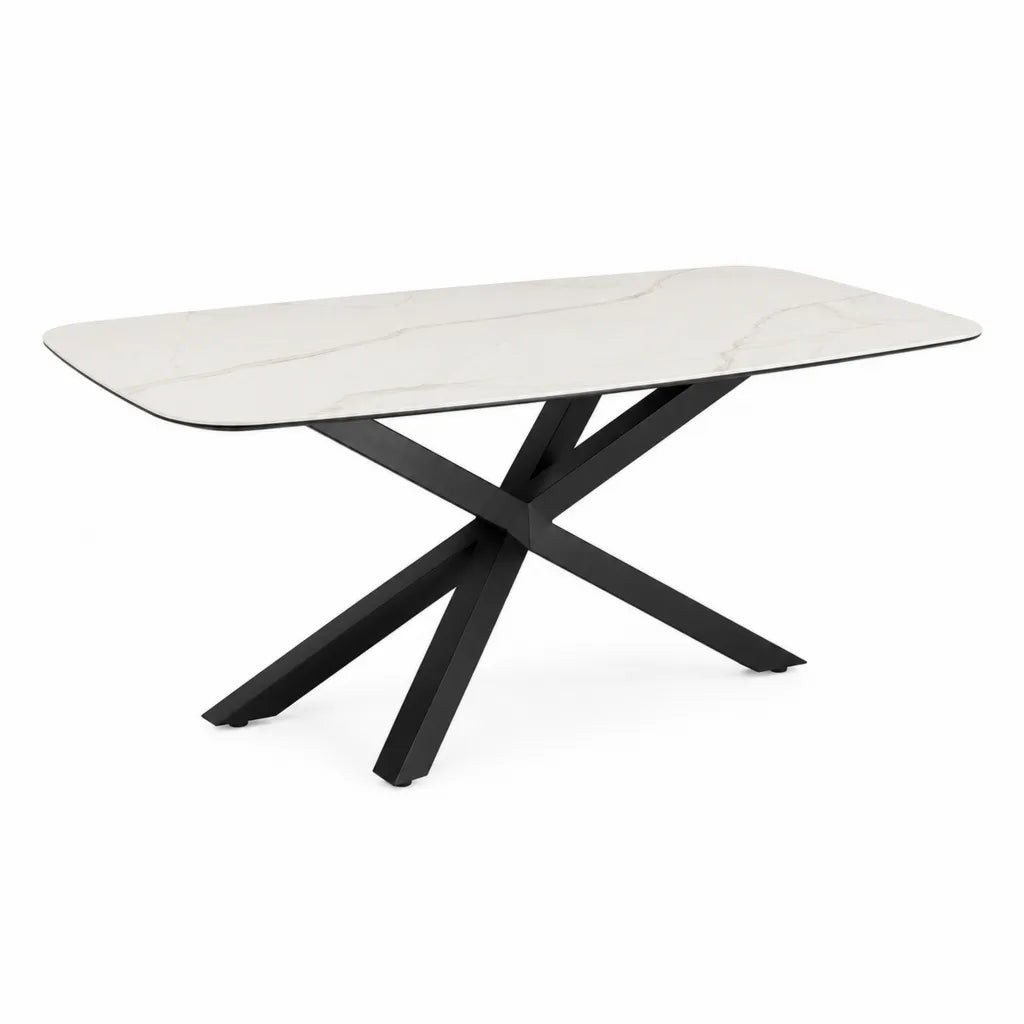 Esstisch 180 x 90 x 76 cm Sinterstein Tischplatte Rechteckig Weiss mit schwarzem Stahlgestell
