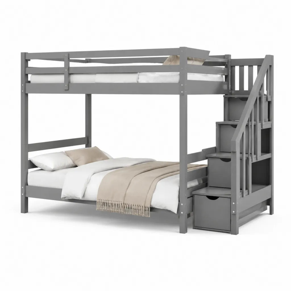 Etagenbett mit Treppe und Stauraum Massivholz Grau 90 x 200 cm und 140 x 200 cm